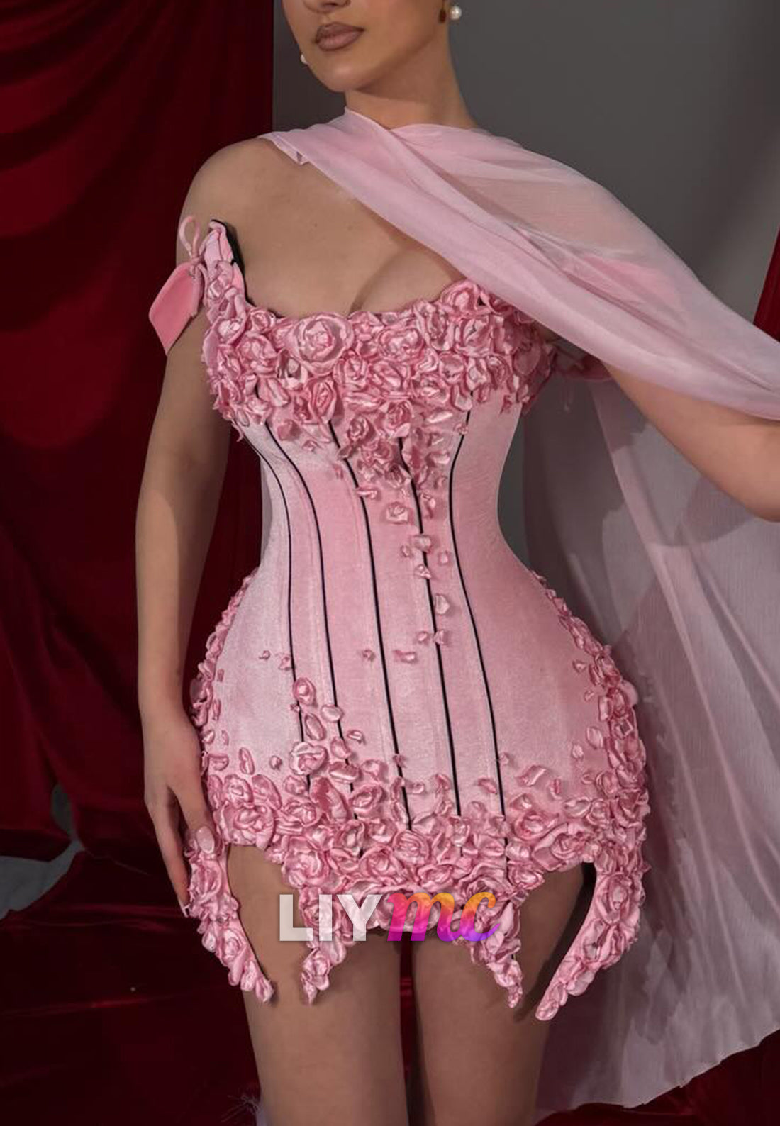 3D Floral Applique Corset Mini Dress with Scarf