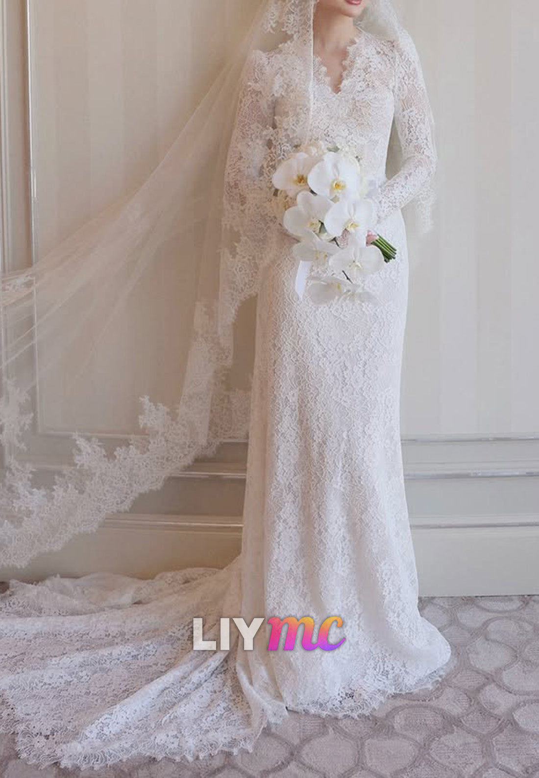Lace Long Sleeve V-Neck Wedding Dress