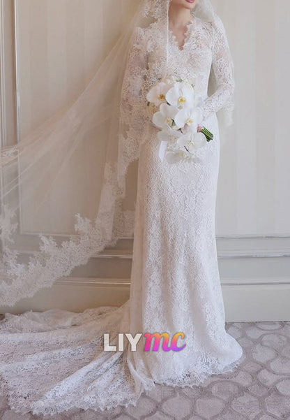 Lace Long Sleeve V-Neck Wedding Dress