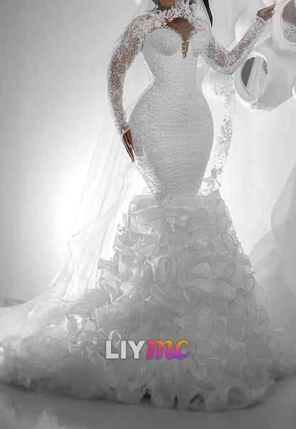 Beaded Mermaid Wedding Dress with Ruffled Train