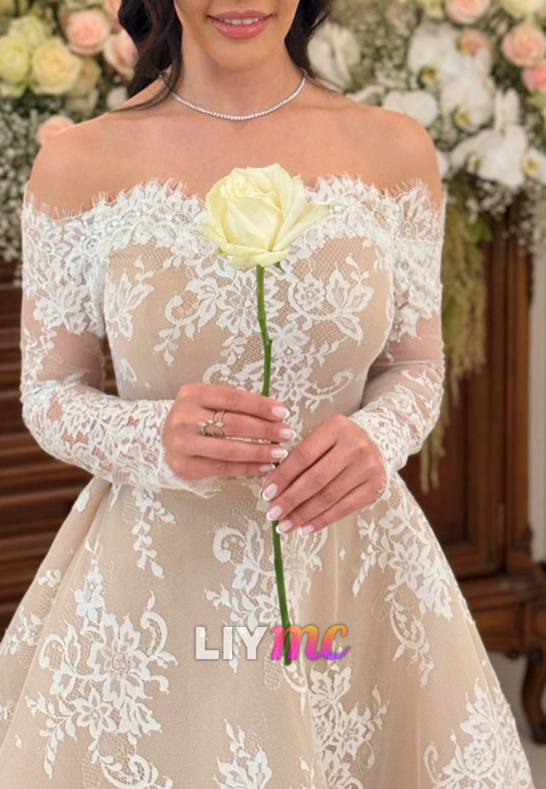 Off-the-Shoulder Lace Knee-Length Dress with Long Sleeves