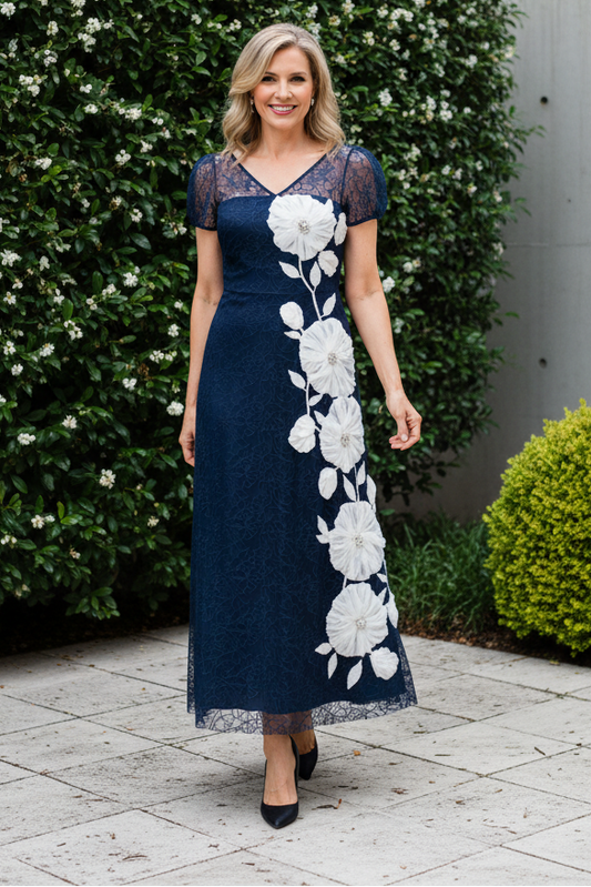 A-Line Lace Midi Dress with 3D Floral Appliques