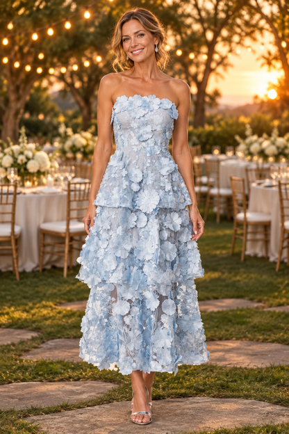 Strapless 3D Floral Tiered Midi Dress