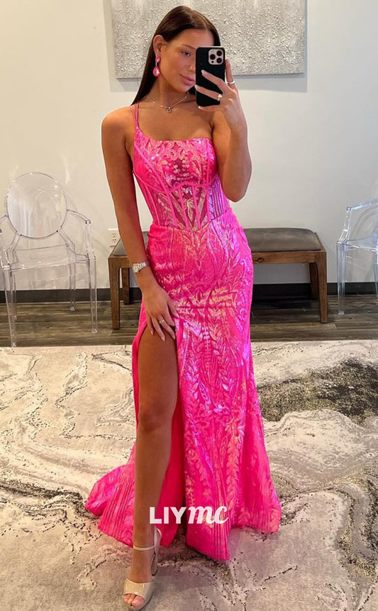 LP1211 - Sexy One-shoulder Sheath Appliques Sexy Prom Dressess with Side Slit