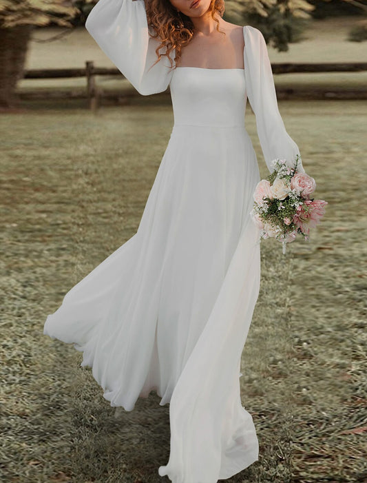 Engagement Open Back Wedding Dresses A-Line Square Neck Long Sleeve Sweep / Brush Train Chiffon Bridal Gowns With Solid Color