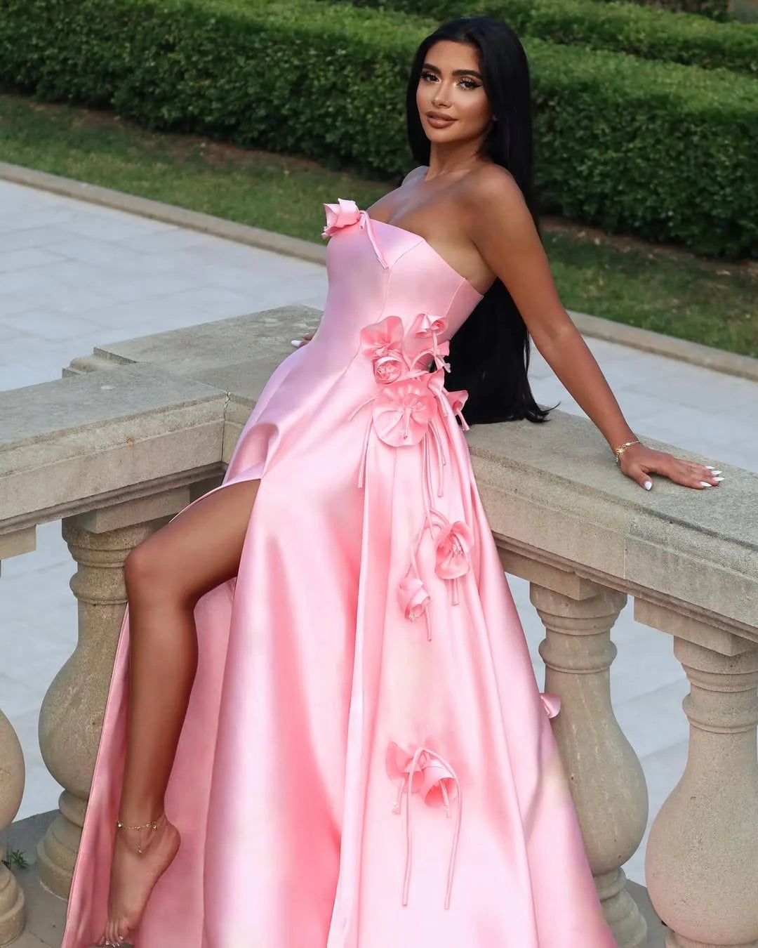 Elegant Straight Across Pink Split Sleeveless Handmade Flower Prom Dress YK0162