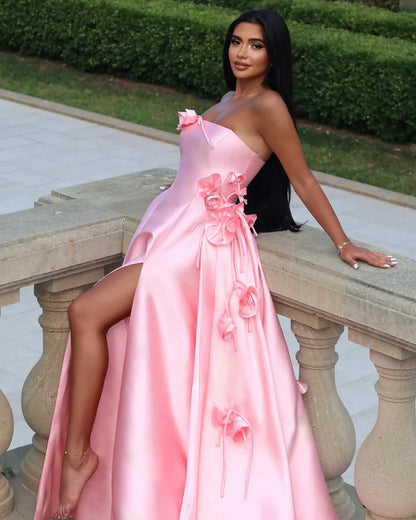 Elegant Straight Across Pink Split Sleeveless Handmade Flower Prom Dress YK0162