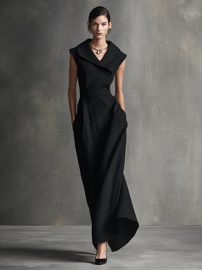 Women's Sophisticated Linen Blend Black Sleeveless Wide-Collar Double-Breasted Belted Asymmetric Maxi Dress