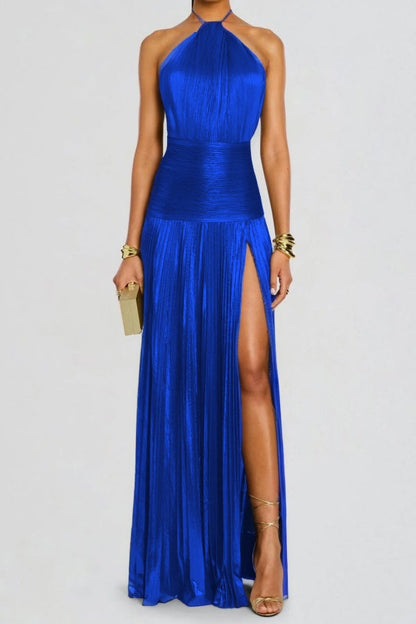 Charming Green Halter Sleeveless Backless Split Prom Dress with Pleated