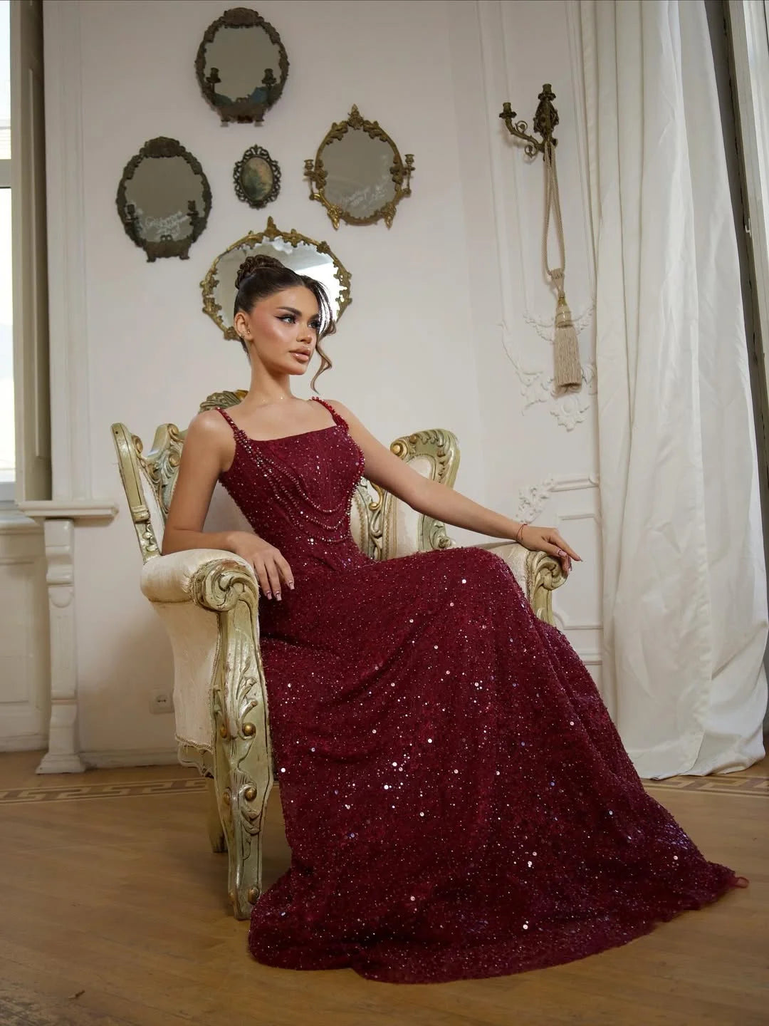 Dazzling Burgundy Spaghetti-Straps Sleeveless Beaded Pleated Prom Dress YK0573