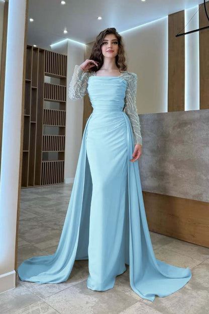Long Sleeves Square Neck Long Mermaid Prom Dress With Pleated