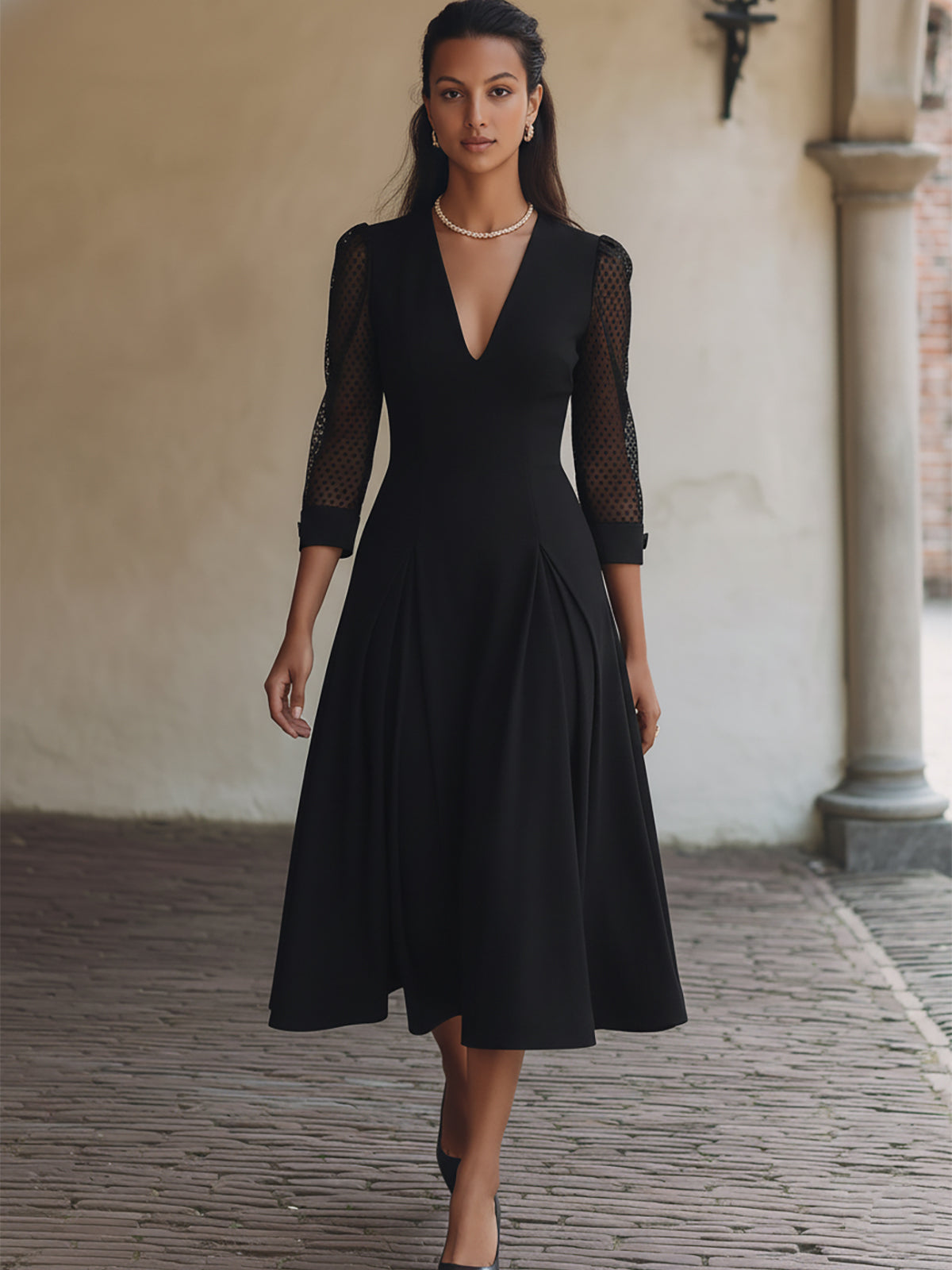 Elegant Black A-Line Dress With Polka Dot Mesh Sleeves