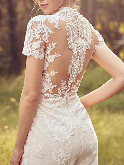 Stylish Round-Neck Embroidered See-Through Wide Leg White Jumpsuits