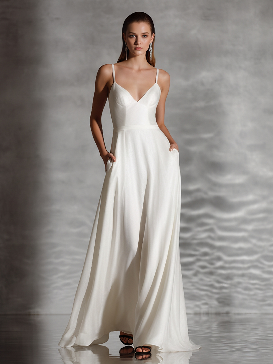 Women's Elegant Satin Ivory Spaghetti-Strap Deep V-Neck Pocketed Maxi Dress