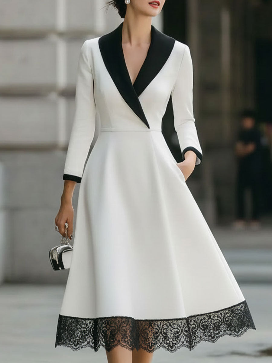 White And Black Contrast Lace Hem Midi Dress