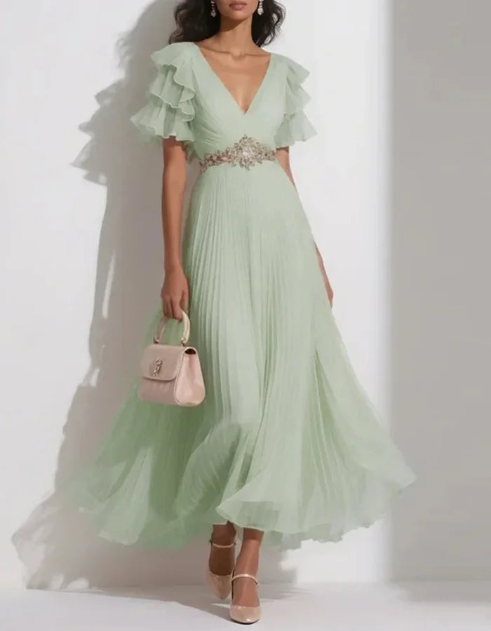 Chiffon Solid Color Lotus Leaf Sleeves Midi Dress