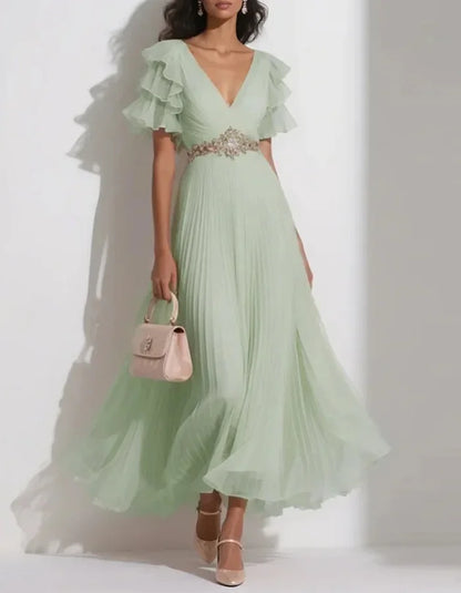 Chiffon Solid Color Lotus Leaf Sleeves Midi Dress