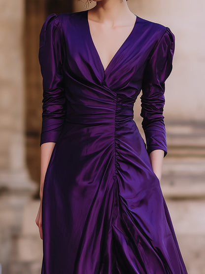 Plum Satin Ruched Wrap Midi Dress