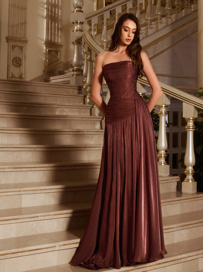 Simple Strapless Sleeveless High Waisted Long Prom Dress With Pleated