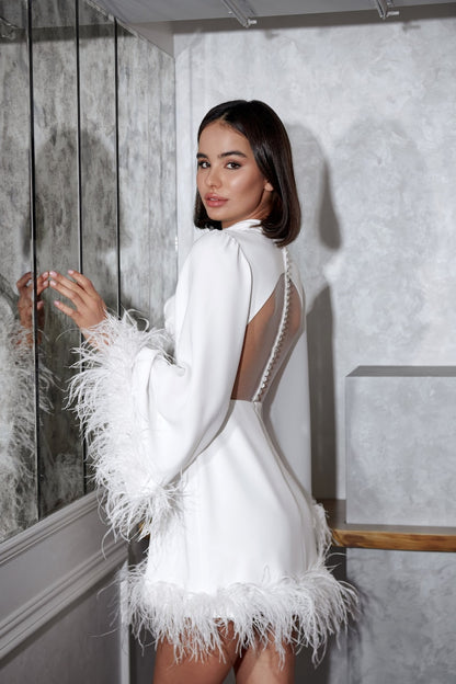 Mini High Collar Long Bell Sleeve Feathers Wedding Dress Bridal Gown Rehearsal Dinner Reception Elopement Dress Short Unique Design