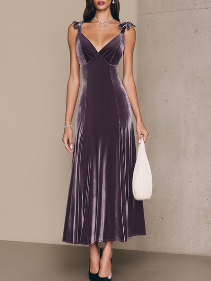 Elegant Purple Velvet Bow Strap Midi Dress