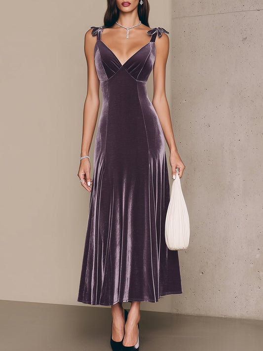 Elegant Purple Velvet Bow Strap Midi Dress