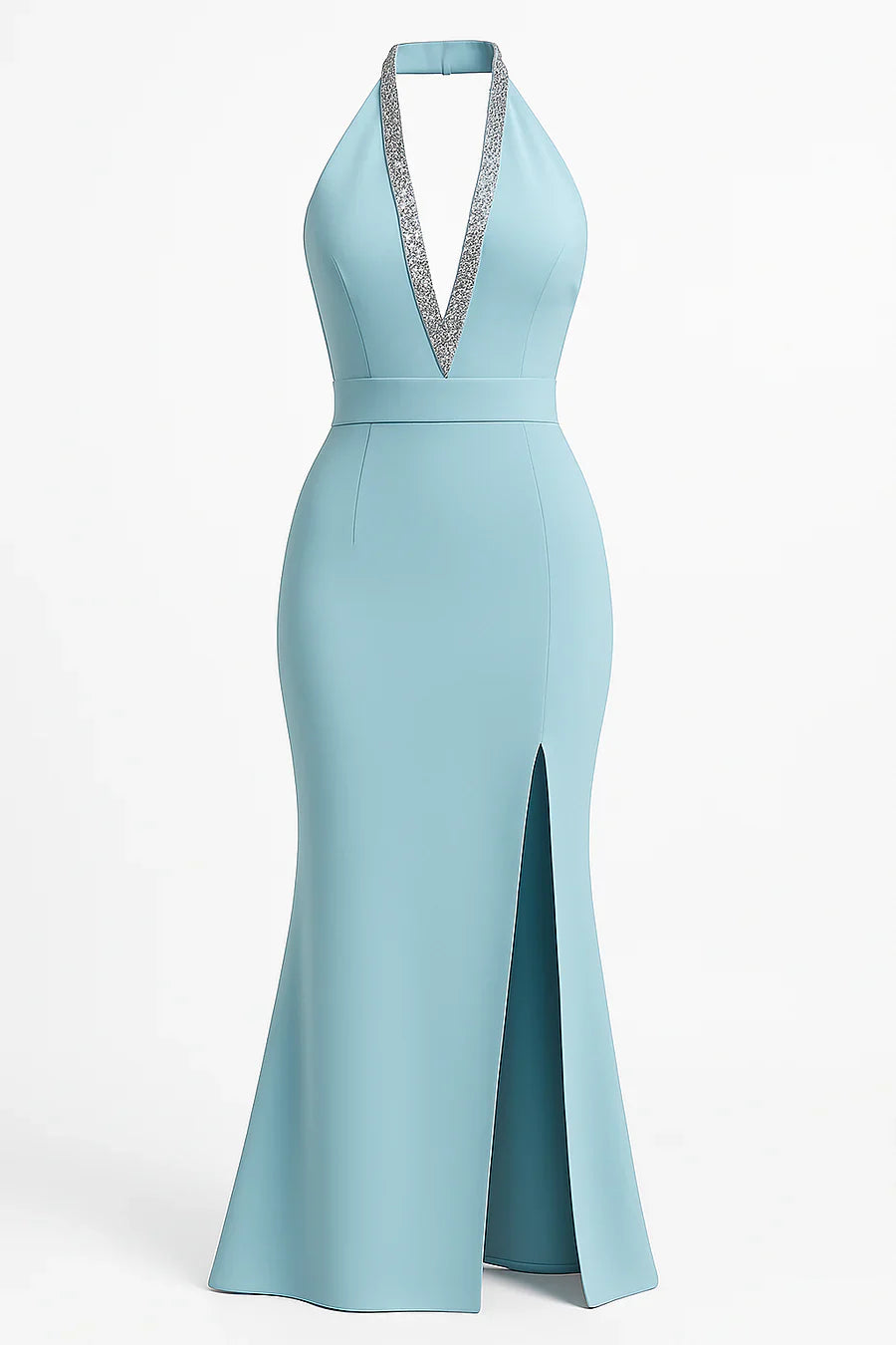 Elegant Silver Rhinestone Detail Halter Neckline Light Blue Split Dress