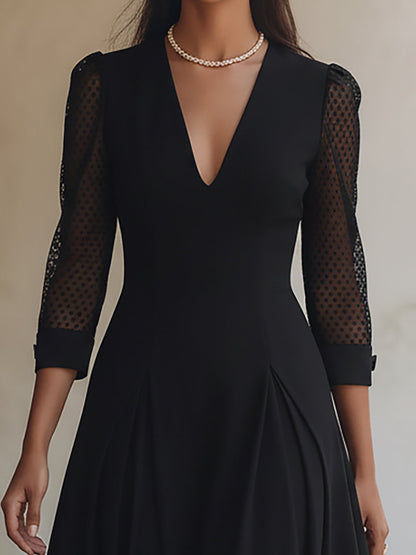 Elegant Black A-Line Dress With Polka Dot Mesh Sleeves
