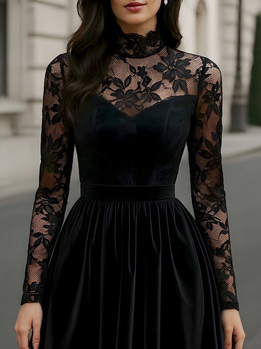 Velvet Midi Dress With Floral Lace Sleeves