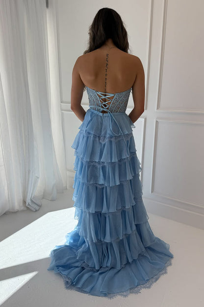 Fashion A Line Sweetheart Light Blue Chiffon Tiered Prom Dress with Lace