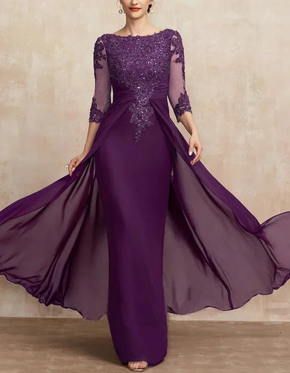Round Neck Lace Solid Color Sequins Maxi Dress