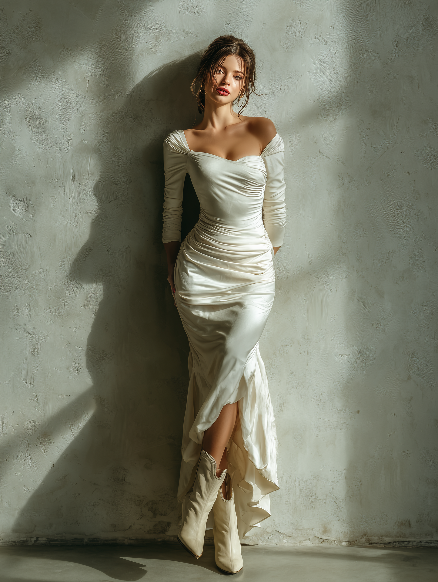 Women Ivory Satin Off Shoulder Ruched Maxi Dress