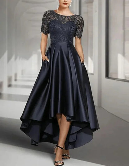 Lace Solid Color Round Neck Short Sleeves Midi Dress