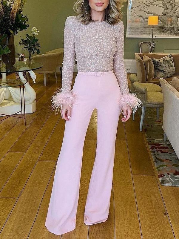 Round-Neck Long Sleeve Shiny Feathers Empire Straight Leg Jumpsuits