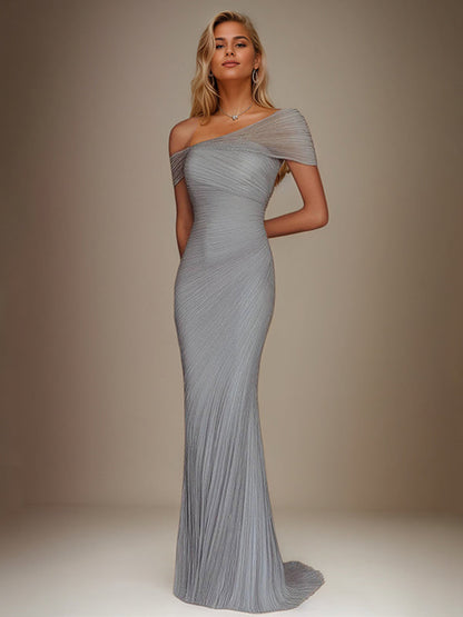 Evening Prom Light Blue Gown One Shoulder Glitter Pleated Maxi Dress