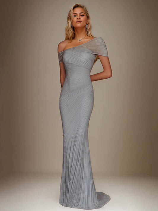 Evening Prom Light Blue Gown One Shoulder Glitter Pleated Maxi Dress