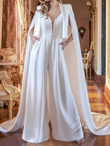 Stylish Solid Color Wide Leg Shawl V-Neck Jumpsuits