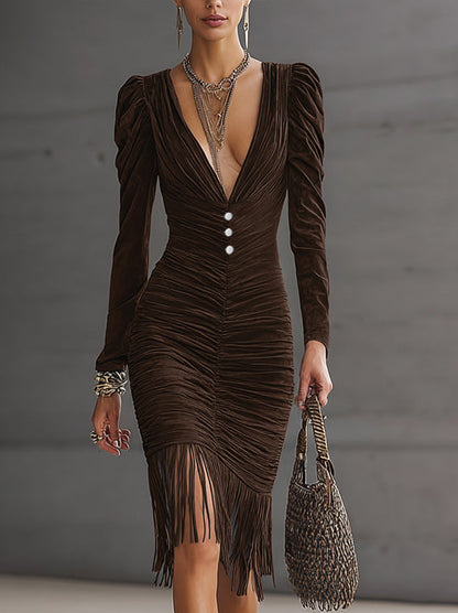 Brown Velvet Midi Dress With Ruched Bodice And Fringe Hem