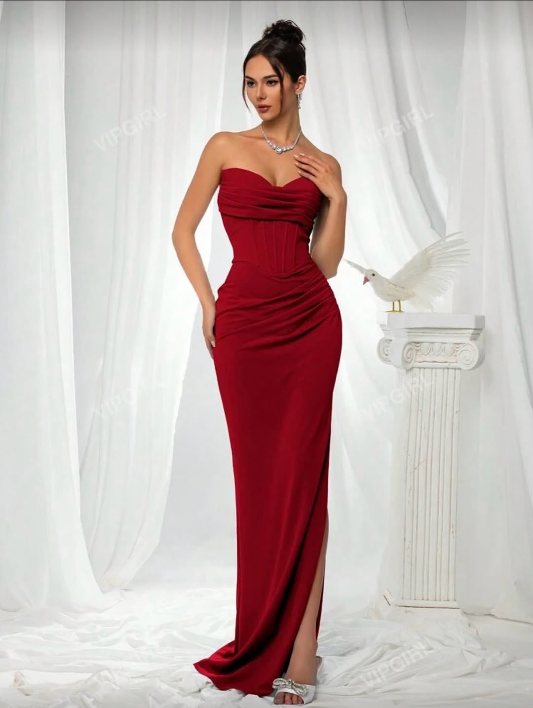 Simple Red Satin Strapless Sleeveless Long Mermaid Prom Dress With Split