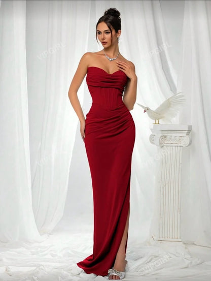 Simple Red Satin Strapless Sleeveless Long Mermaid Prom Dress With Split