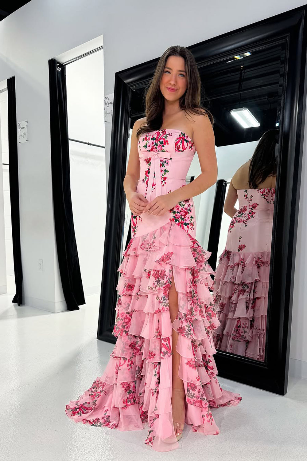 Sheath Strapless Floral Printed Ruffle Tiered Chiffon Prom Dresses with Slit