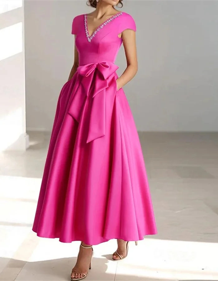 V-neck Solid Color Short Sleeves With Big Bow Midi Dress