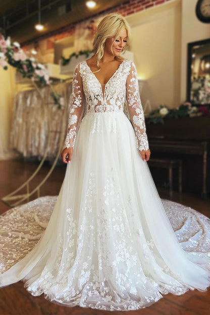 Charming A-Line V Neck Long Sleeve Tulle Lace Wedding Dresses
