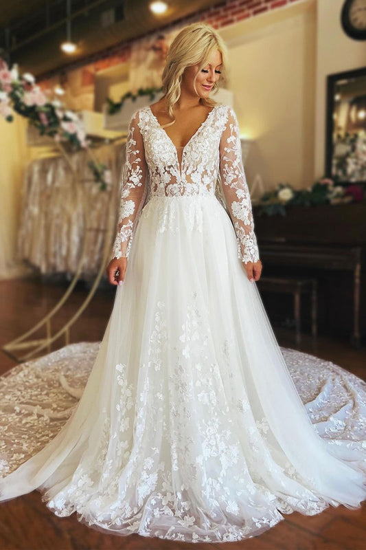 Charming A-Line V Neck Long Sleeve Tulle Lace Wedding Dresses