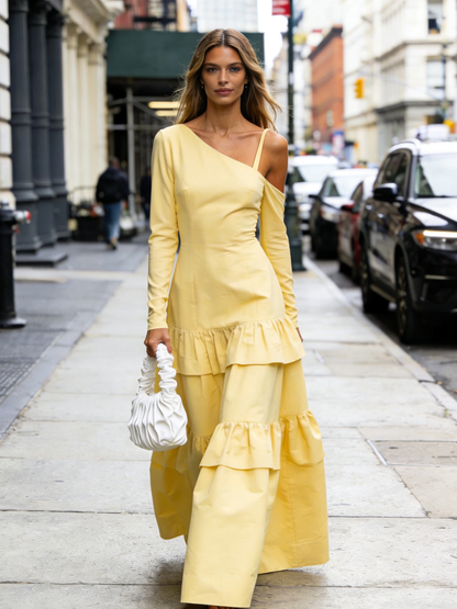 Pale Yellow One Shoulder Maxi Dress With Ruffled Layers