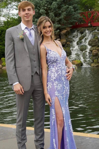 Glitter Blue Mermaid Lace Long Prom Dress with Slit
