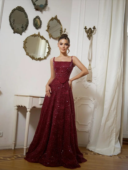 Dazzling Burgundy Spaghetti-Straps Sleeveless Beaded Pleated Prom Dress YK0573