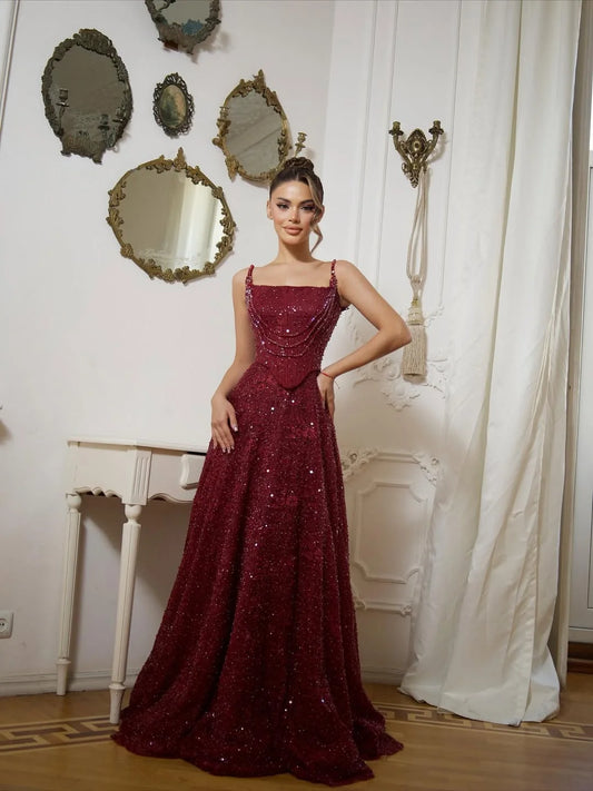 Dazzling Burgundy Spaghetti-Straps Sleeveless Beaded Pleated Prom Dress YK0573