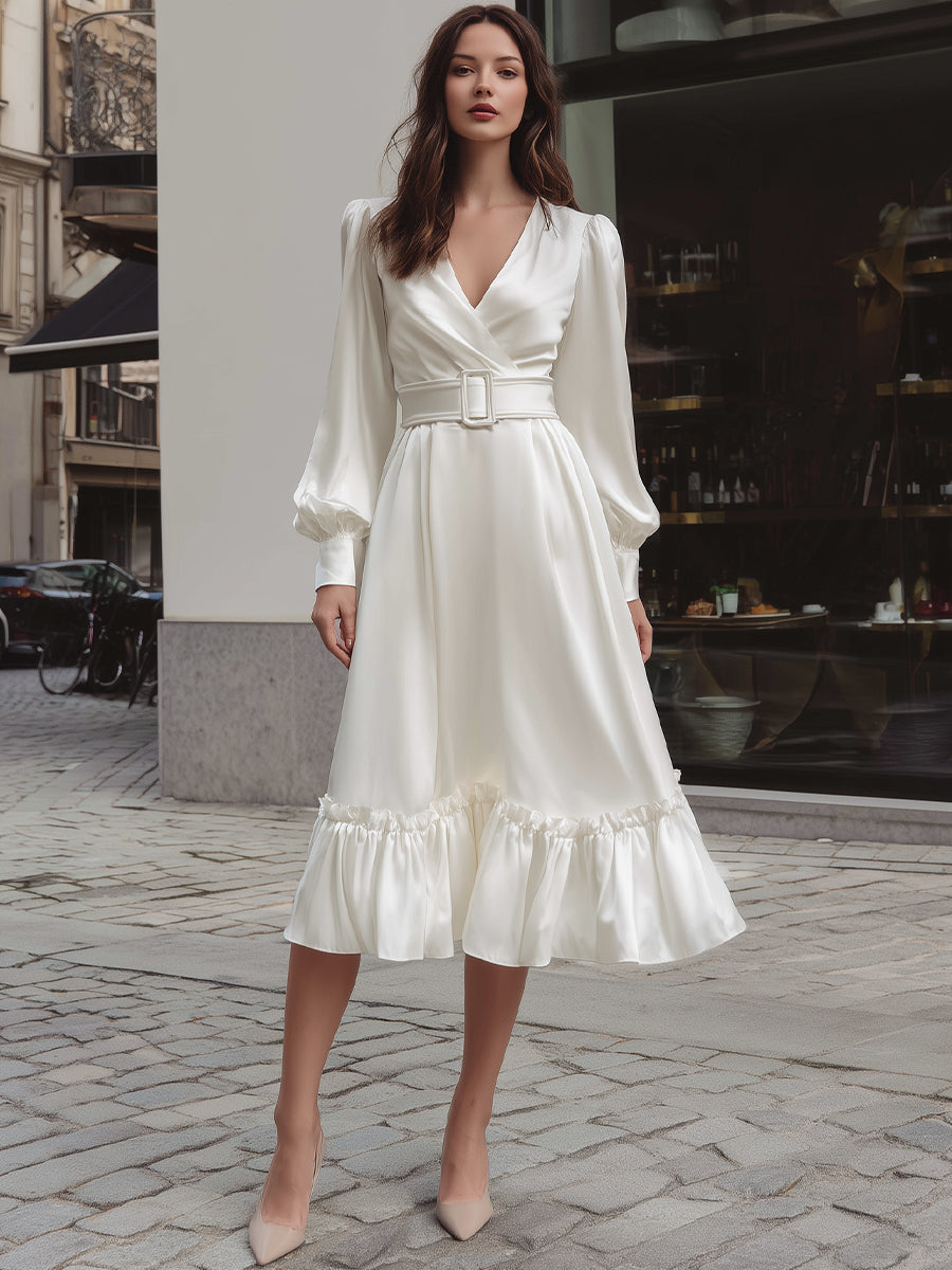 Ivory Satin Belted Midi Dress With Ruffled Hem