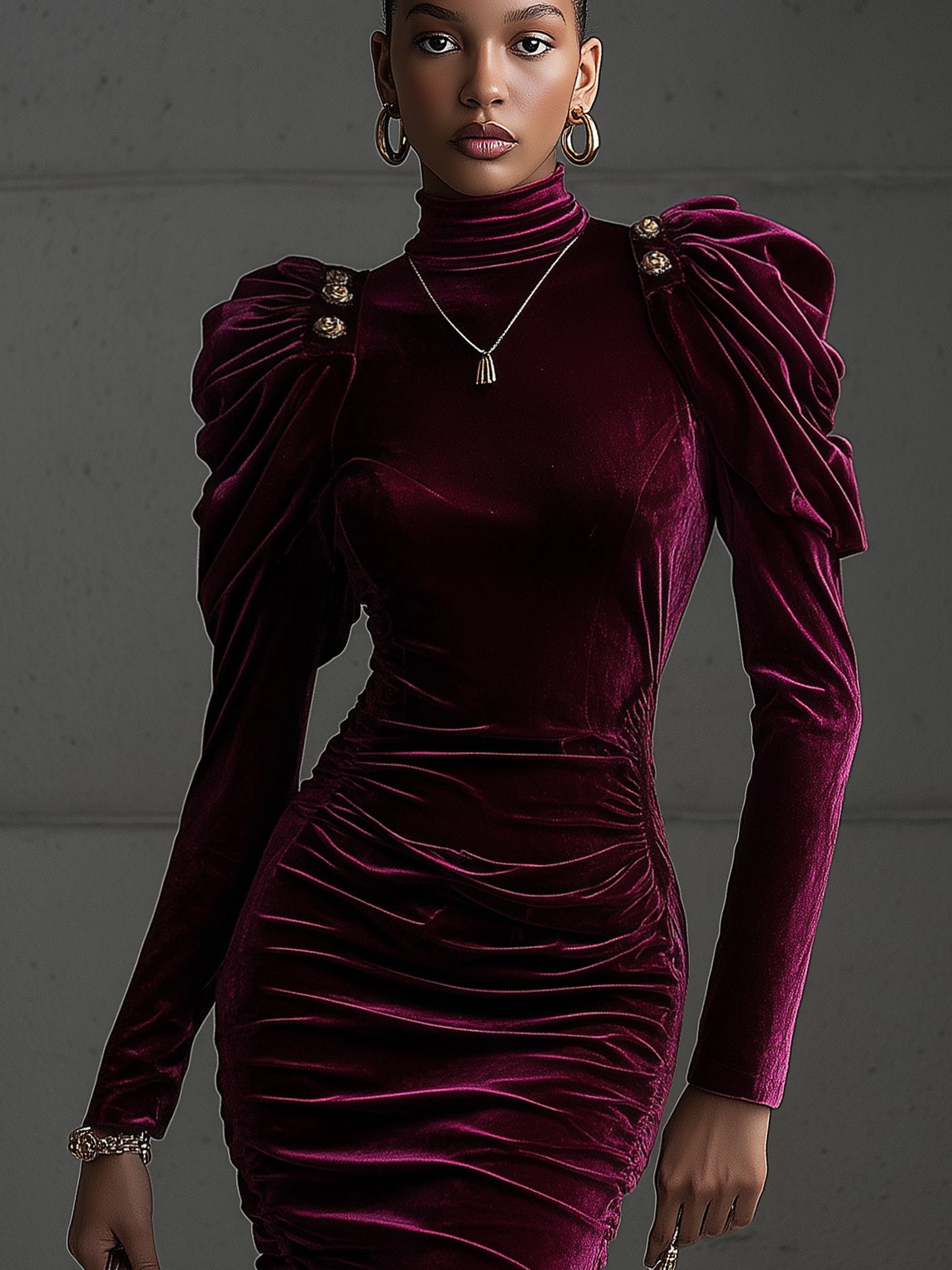 Burgundy Velvet Puff Shoulder Long Sleeve Bodycon Dress